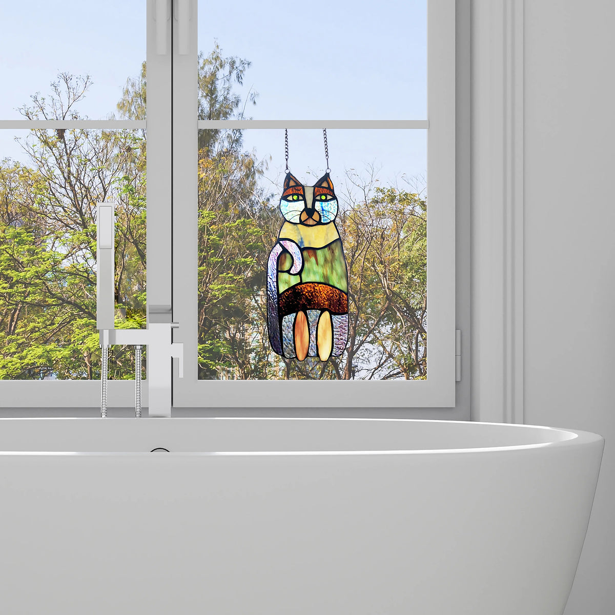 Crazy Cat Stained Glass Window Panel L245