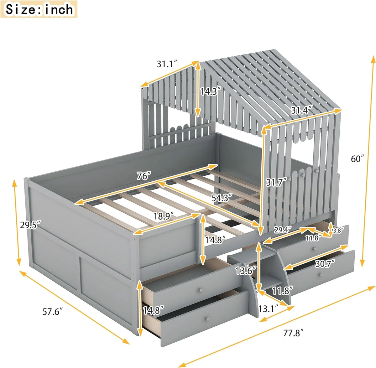 Full Size Wood House Bed with 4 Drawers and Roof F667