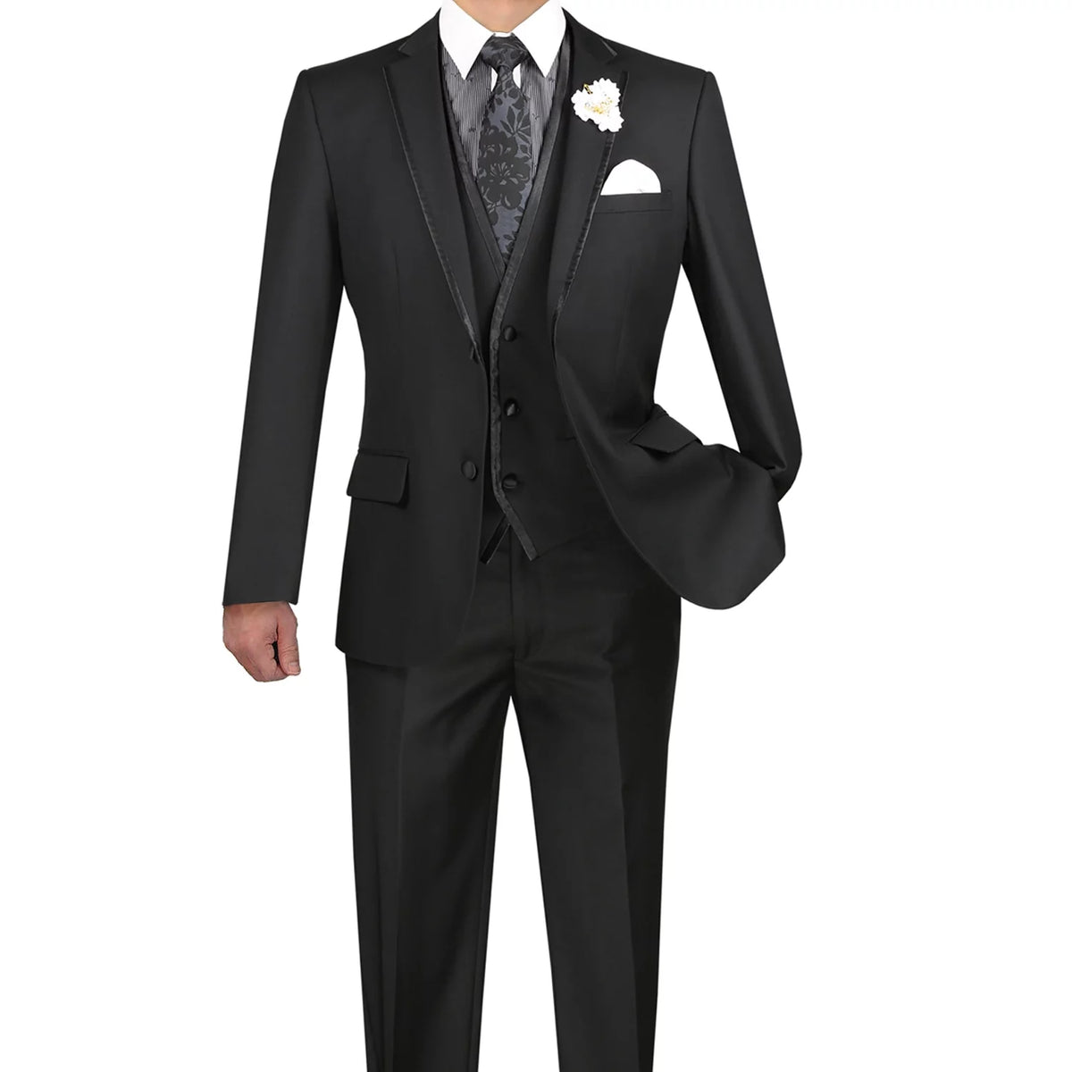 Men's Slim-Fit 3-Piece Textured Solid Lapel Suit - Black 50L T377151
