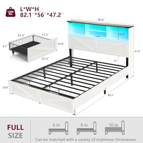 White Full Size Bed Frame with Bookshelf Headboard and Storage Drawers H460968