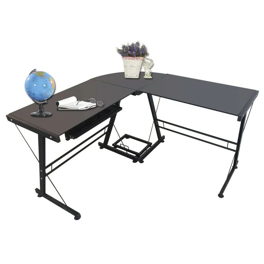 L-Shaped Tempered Glass Computer Desk with Shelf & Keyboard Tray T95103