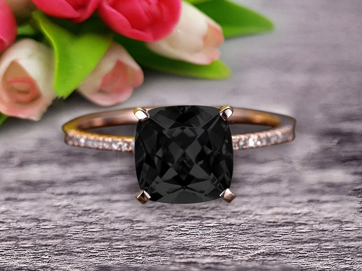 Art Deco Cushion Cut Black Diamond Moissanite Wedding Engagement Ring P971656
