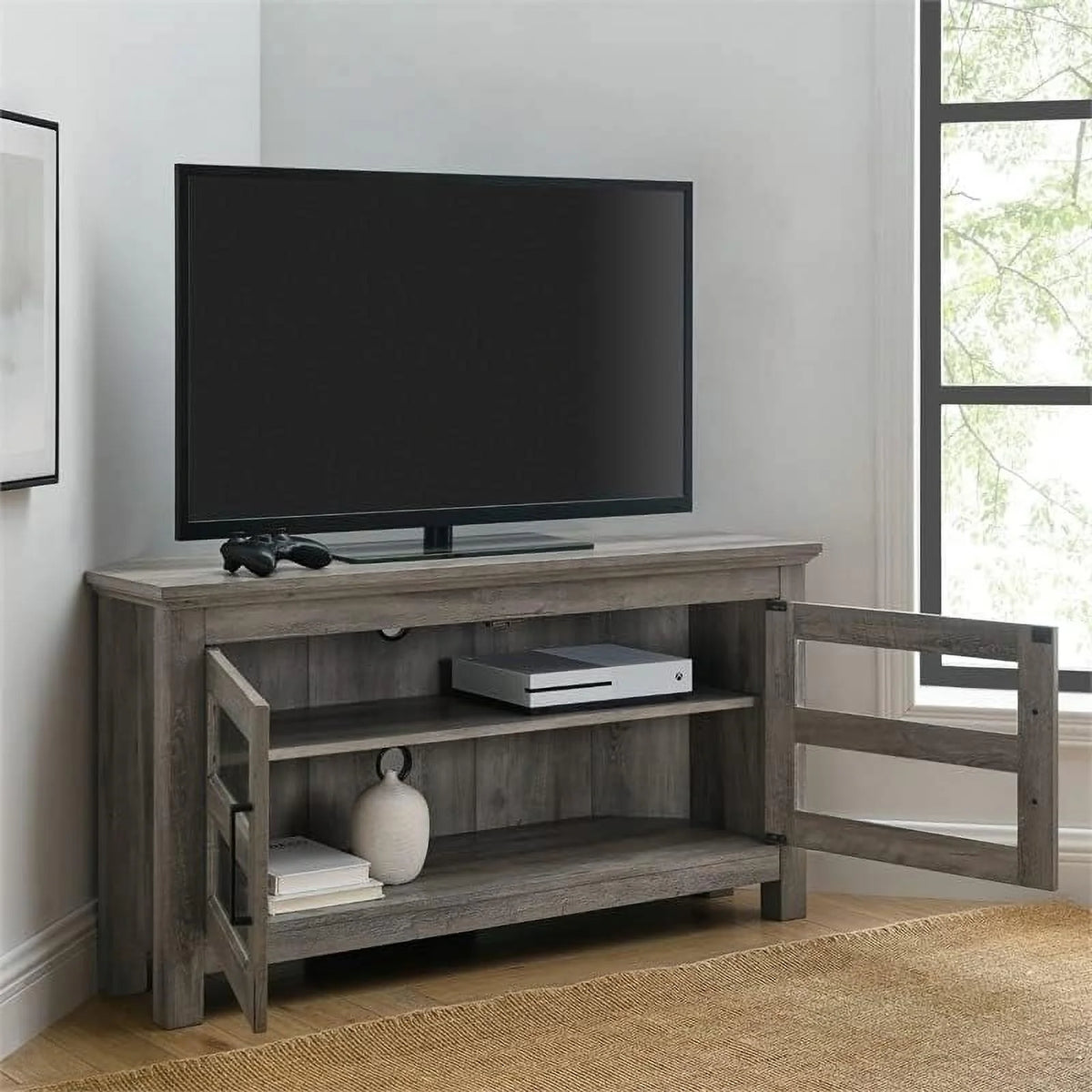44" Corner TV Stand Console in Gray Wash L737383