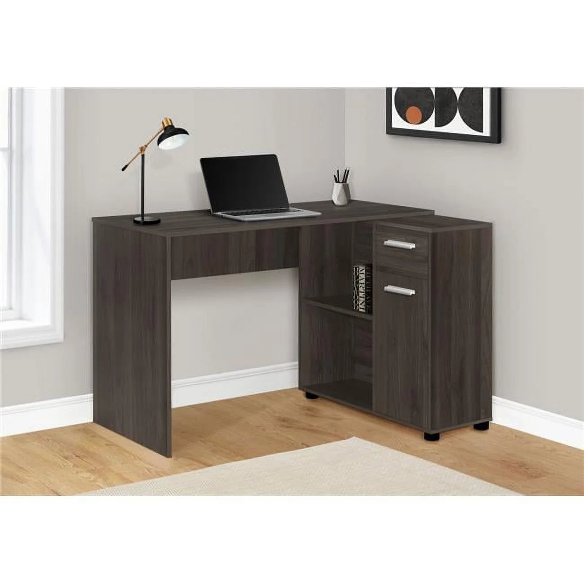 Brown Oak Computer Desk with Storage Cabinet U6988