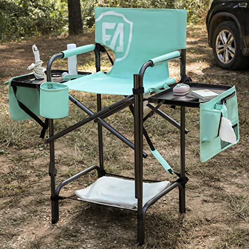 Tall Folding Chair with Side Table Cup Holder Storage Pocket Blue Grey C485