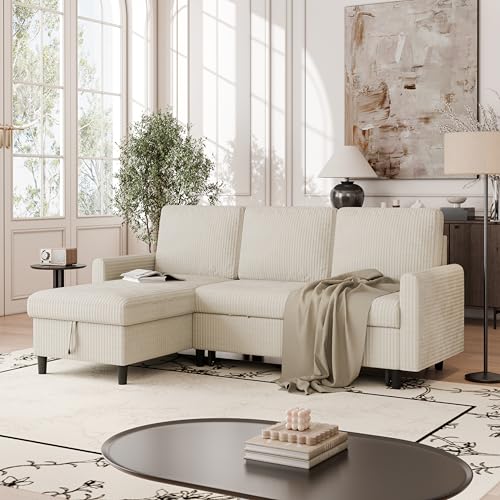 Beige Corduroy L-Shaped Sleeper Sofa with Storage T881
