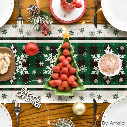 Green Buffalo Plaid Snowflakes Christmas Table Runner 13x72 Inch S605