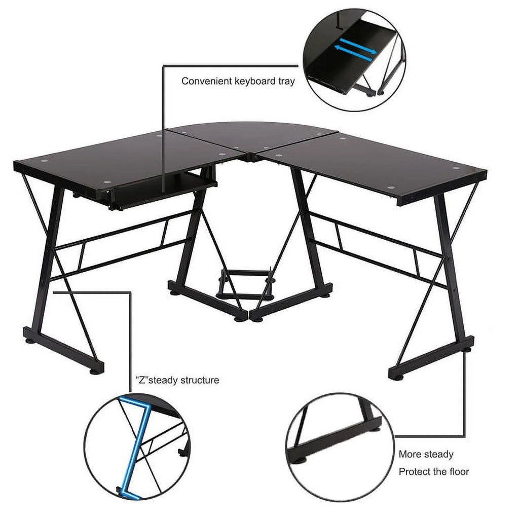 L-Shaped Tempered Glass Computer Desk with Shelf & Keyboard Tray T95103