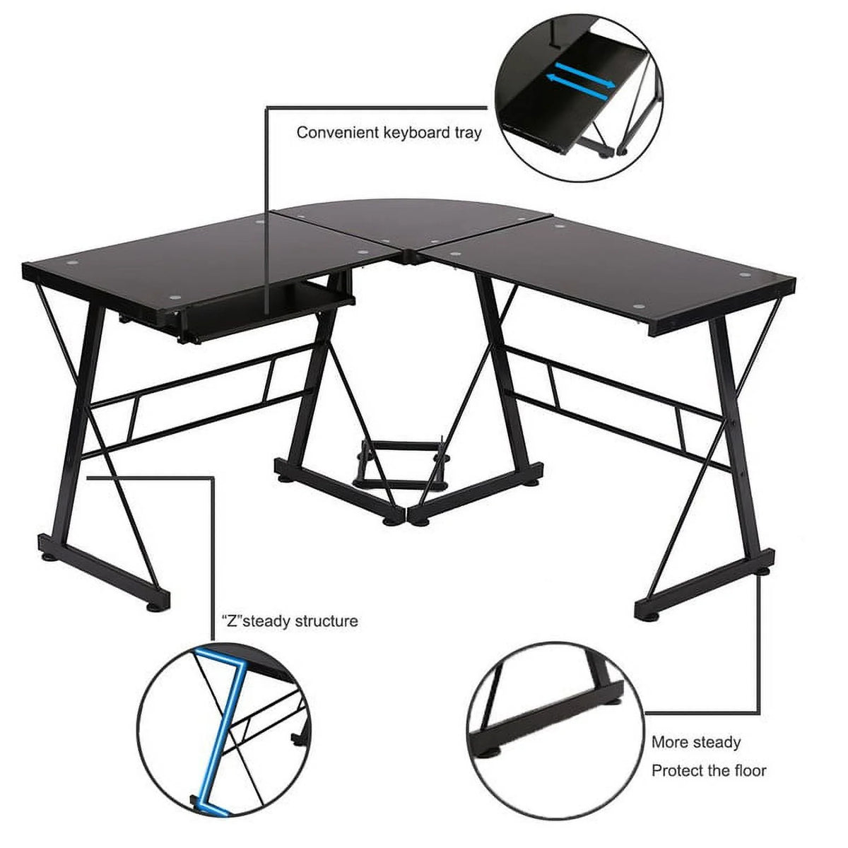 L-Shaped Tempered Glass Computer Desk with Shelf & Keyboard Tray T95103