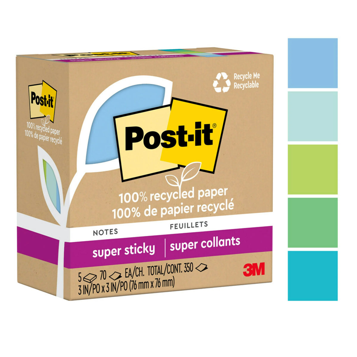 100% Recycled Paper Super Sticky Notes, 5 Pads M862133