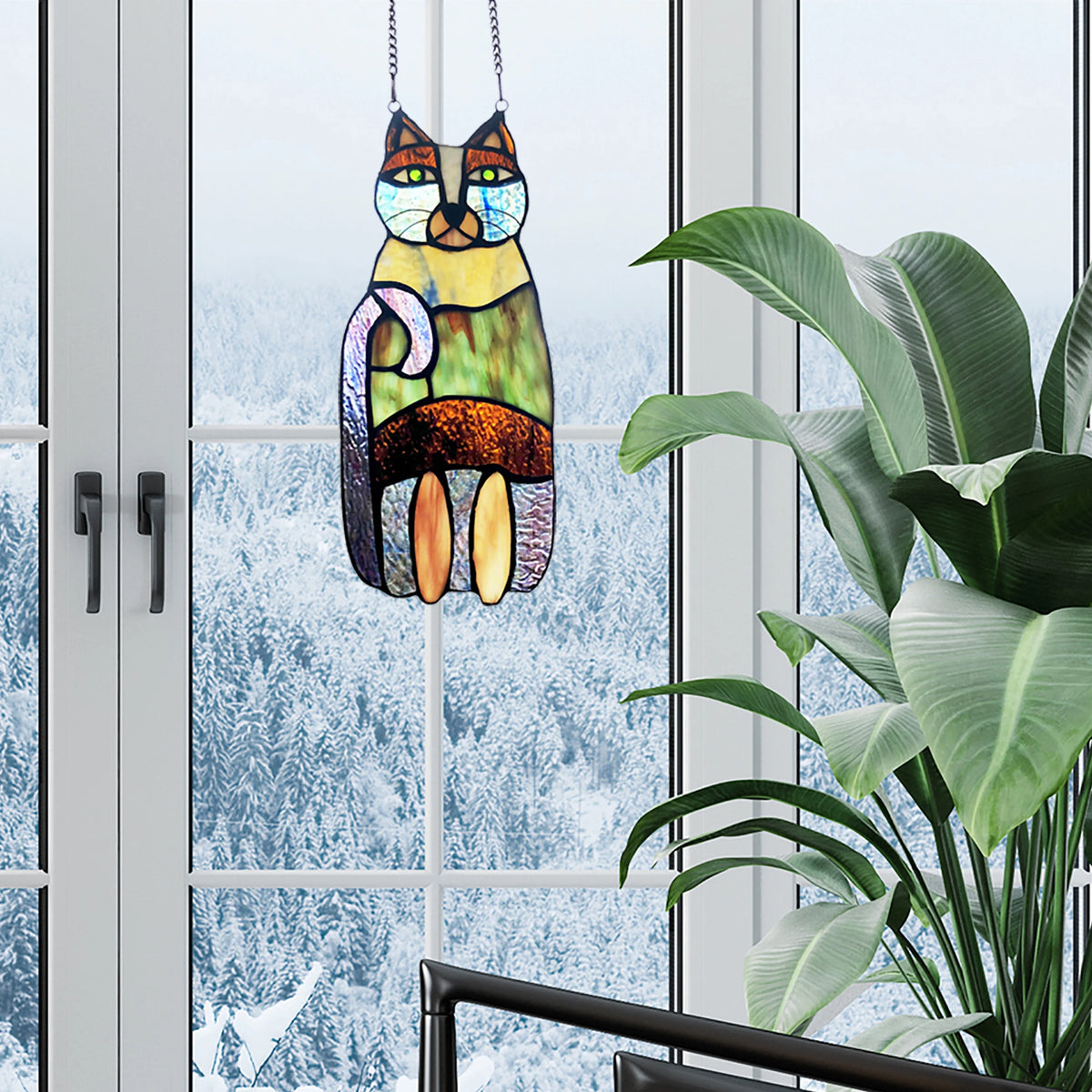 Crazy Cat Stained Glass Window Panel L245