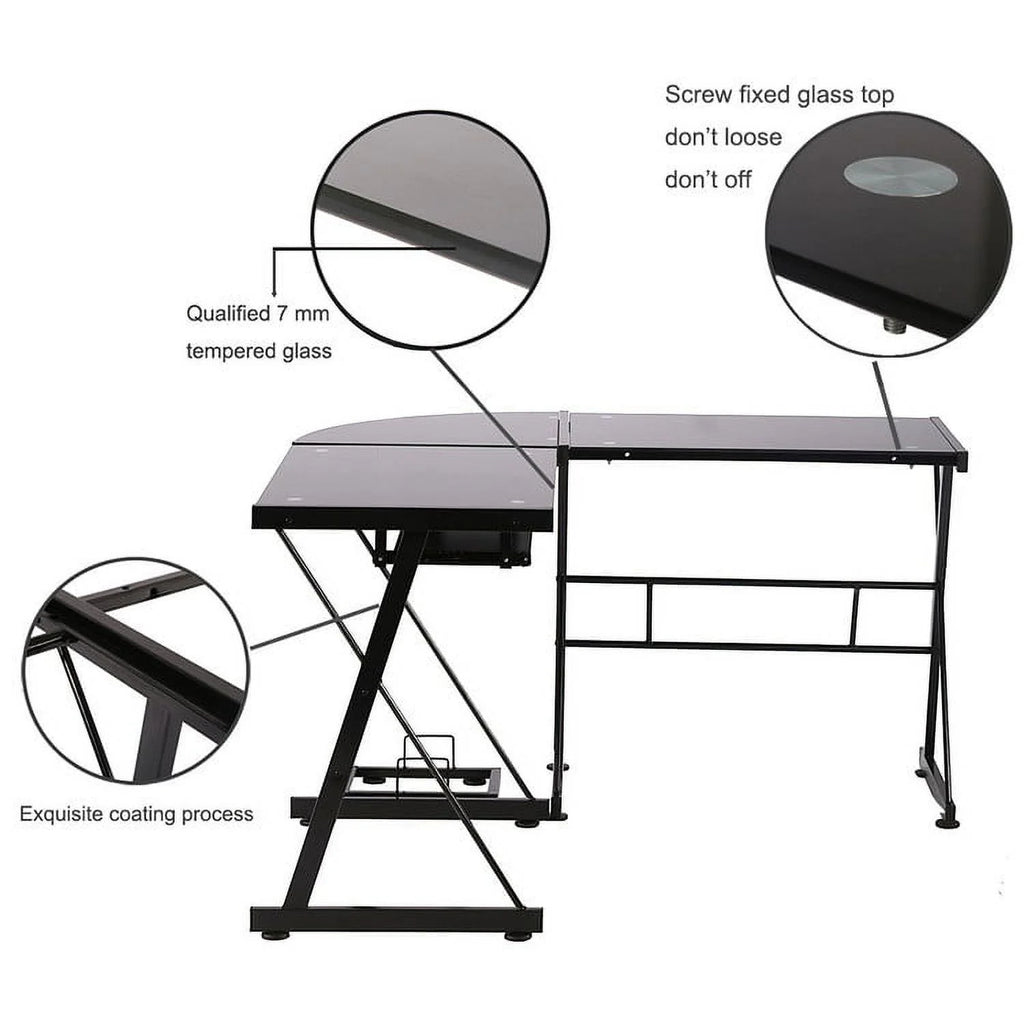 L-Shaped Tempered Glass Computer Desk with Shelf & Keyboard Tray T95103