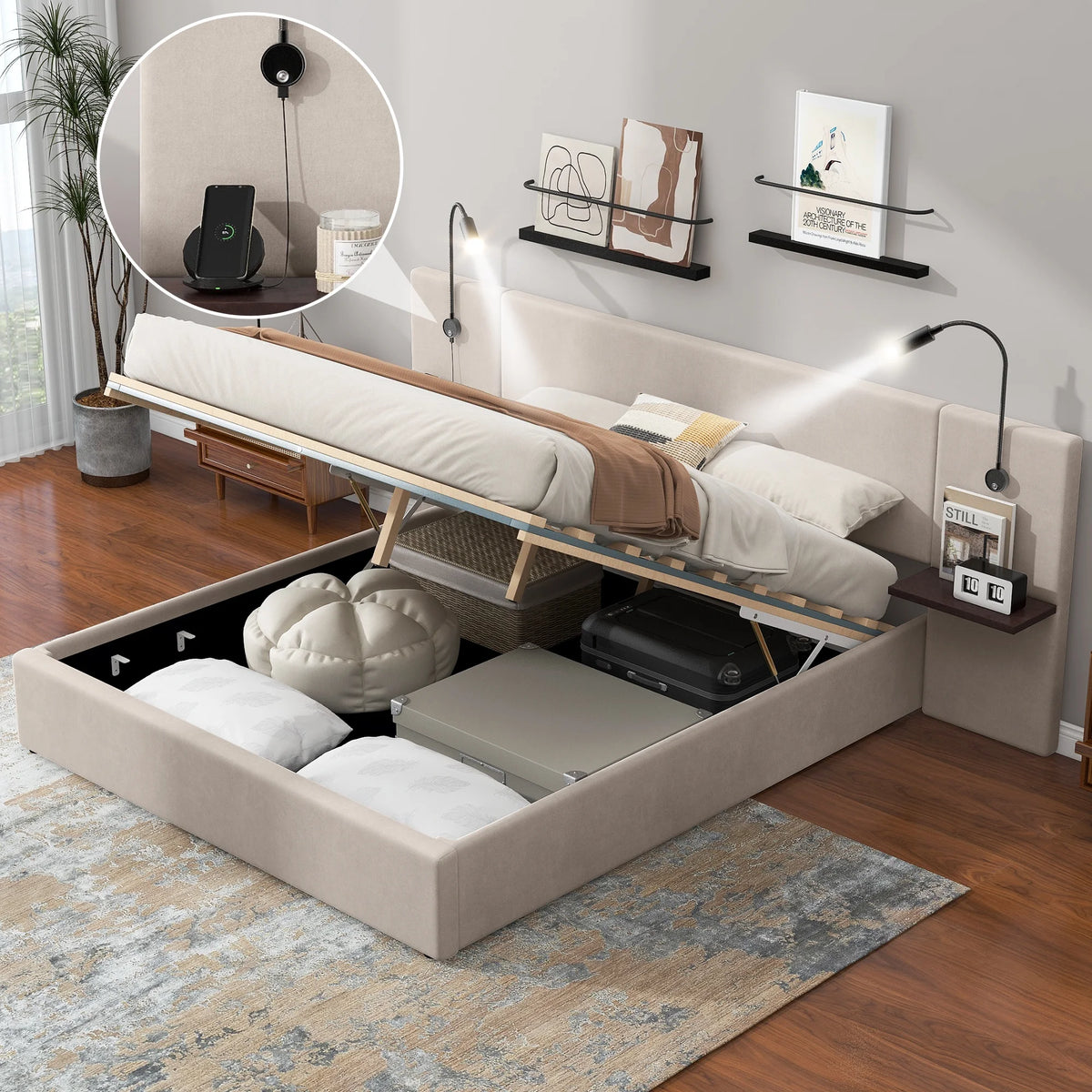 Beige Full Size Upholstered Hydraulic Platform Bed with 2 Shelves F765