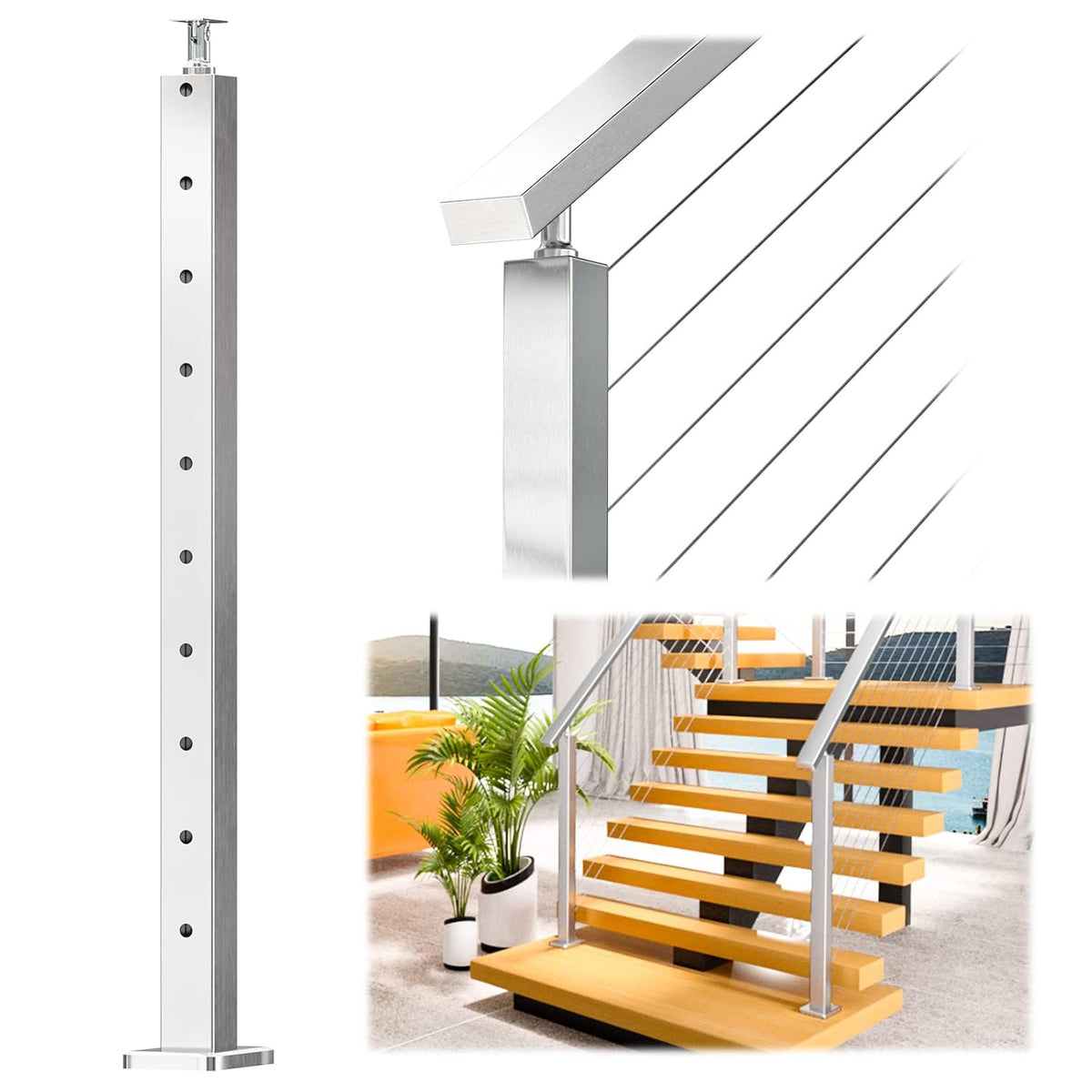 36x2x2 Brushed Stainless Steel Cable Railing Post A733