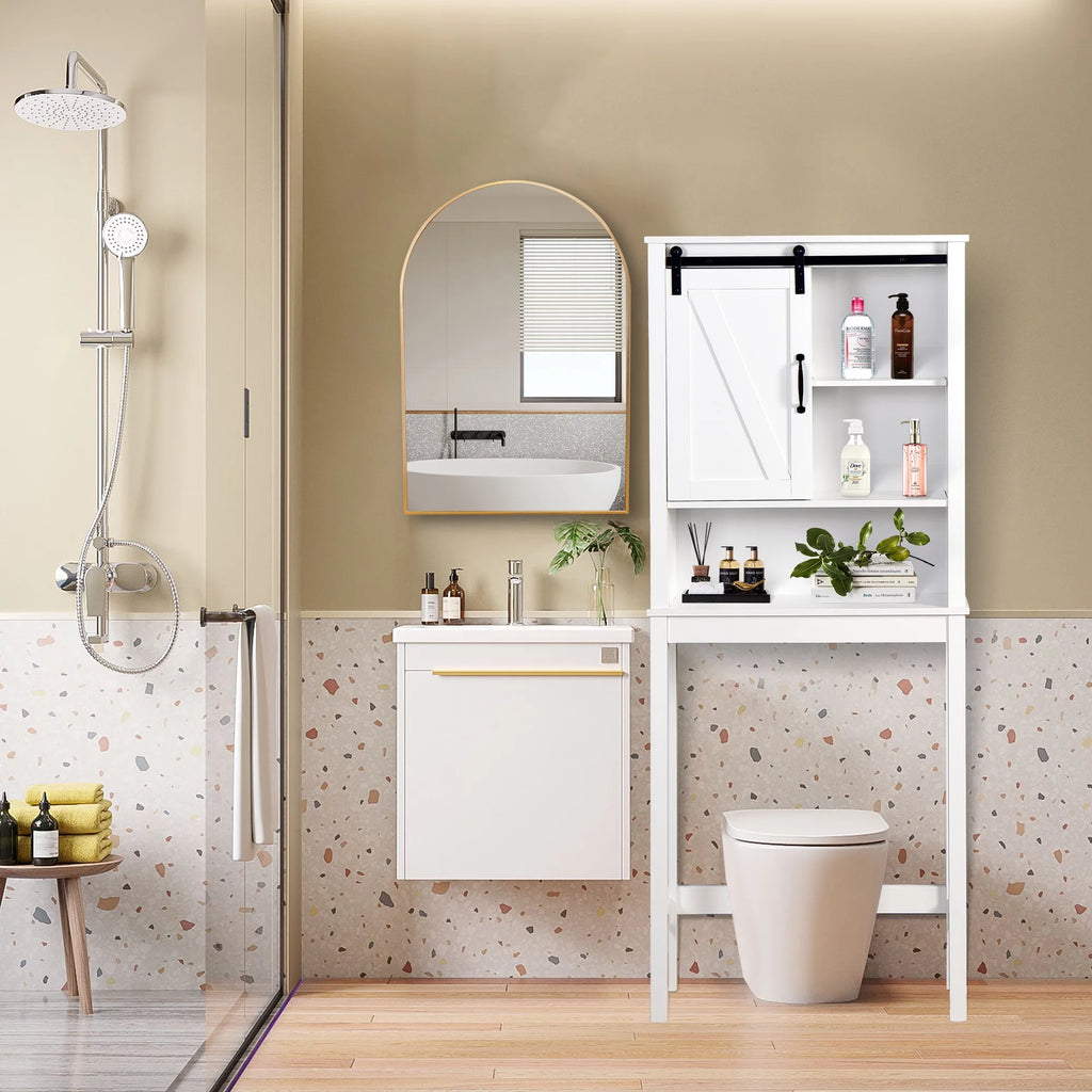 Over-The-Toilet Bathroom Cabinet with Adjustable Shelves and Barn Door, White O6704