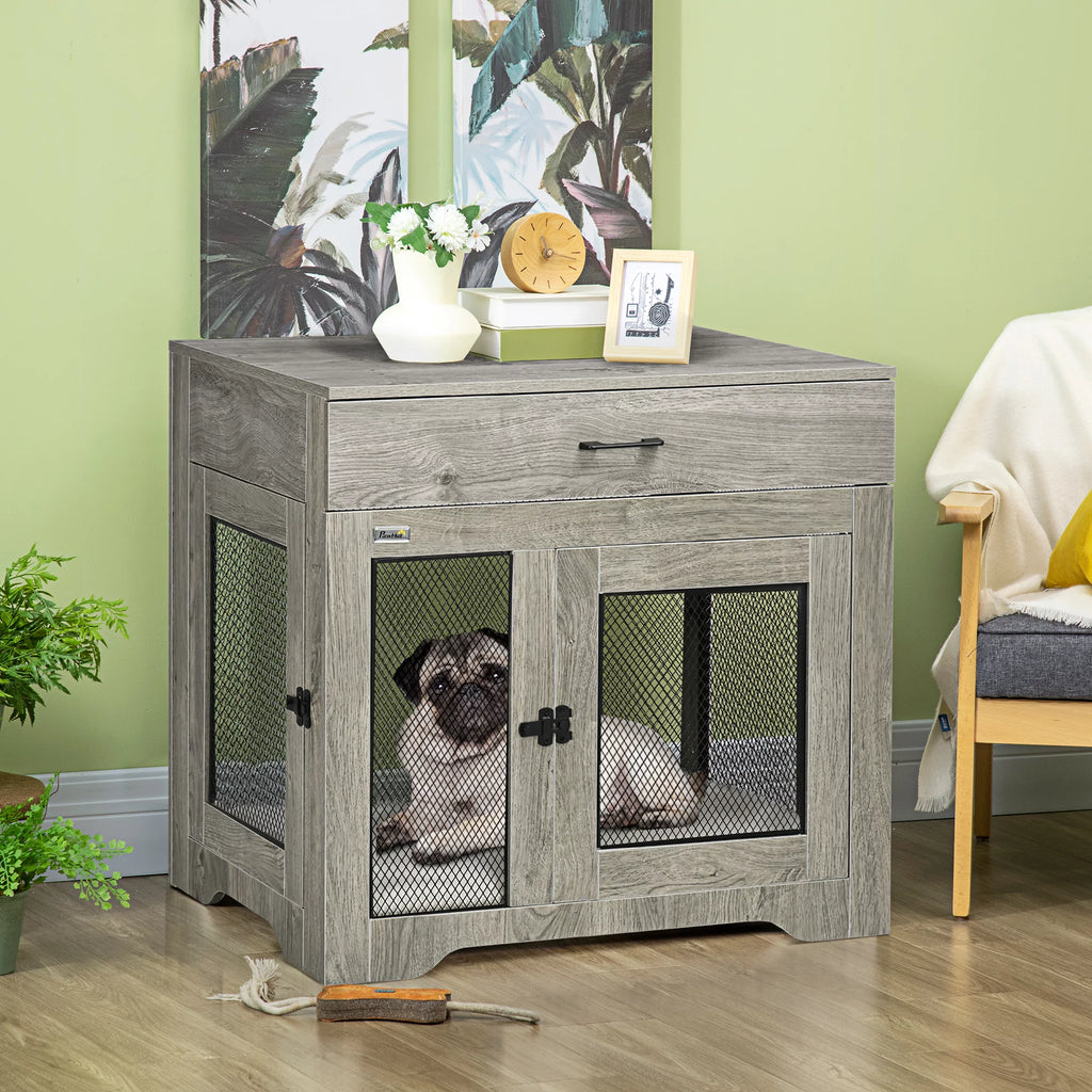 Grey Dog Crate Furniture with Cushion and Drawer T889