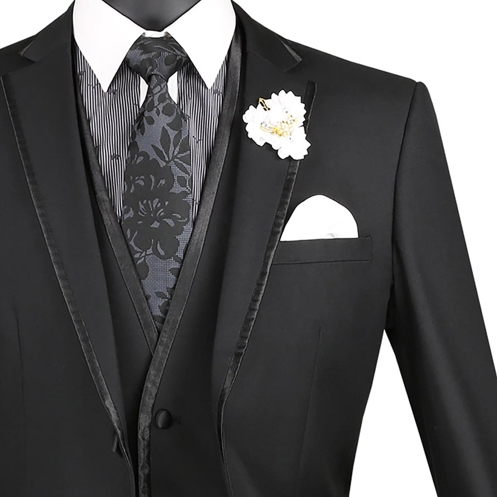 Men's Slim-Fit 3-Piece Textured Solid Lapel Suit - Black 50L T377151