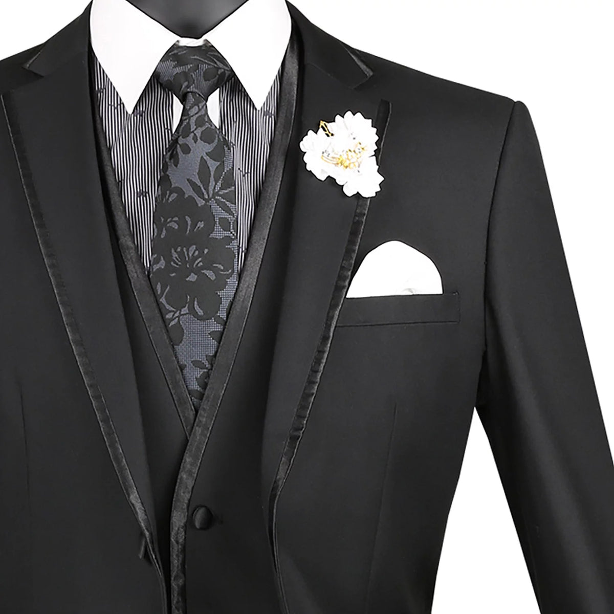 Men's Slim-Fit 3-Piece Textured Solid Lapel Suit - Black 50L T377151