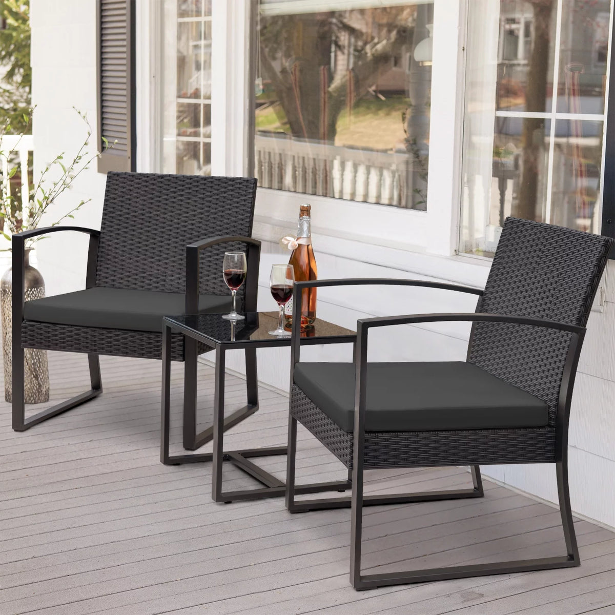 3 Pieces Outdoor Plastic Bistro Set with Cushion and Table, Black S595550