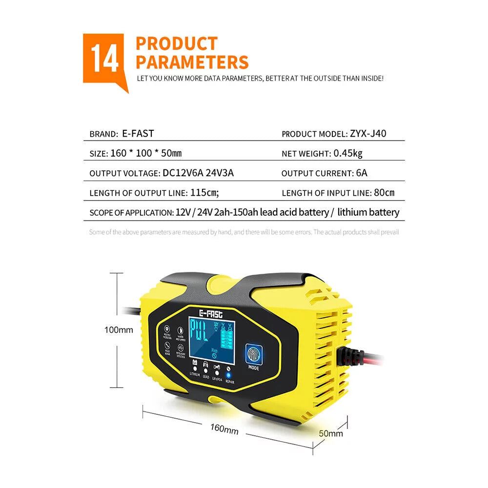 Car Battery Charger Smart Automatic 12V/24V Lead-acid AGM GEL& Lithium LiFePO4 A889