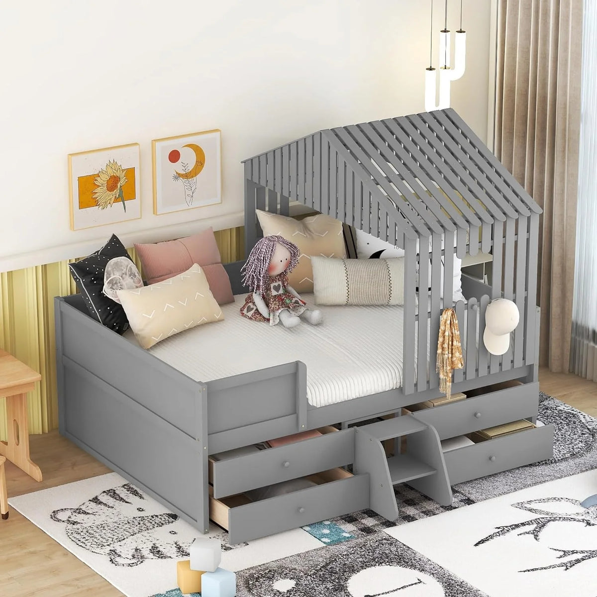 Full Size Wood House Bed with 4 Drawers and Roof F667