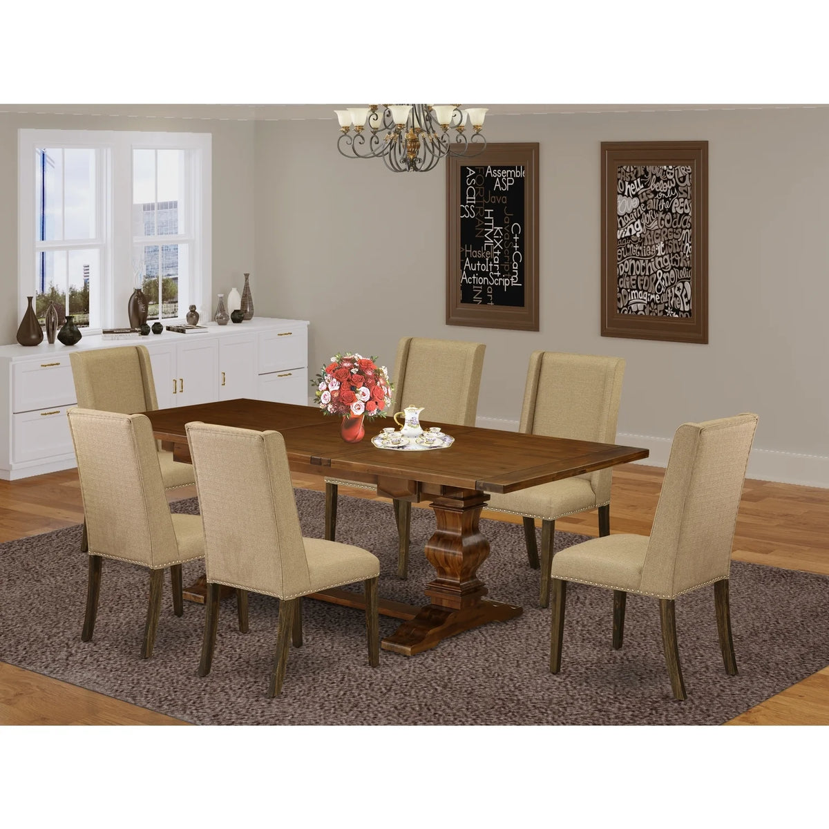 7 Pc Dining Table Set with 6 Linen Chairs X7383