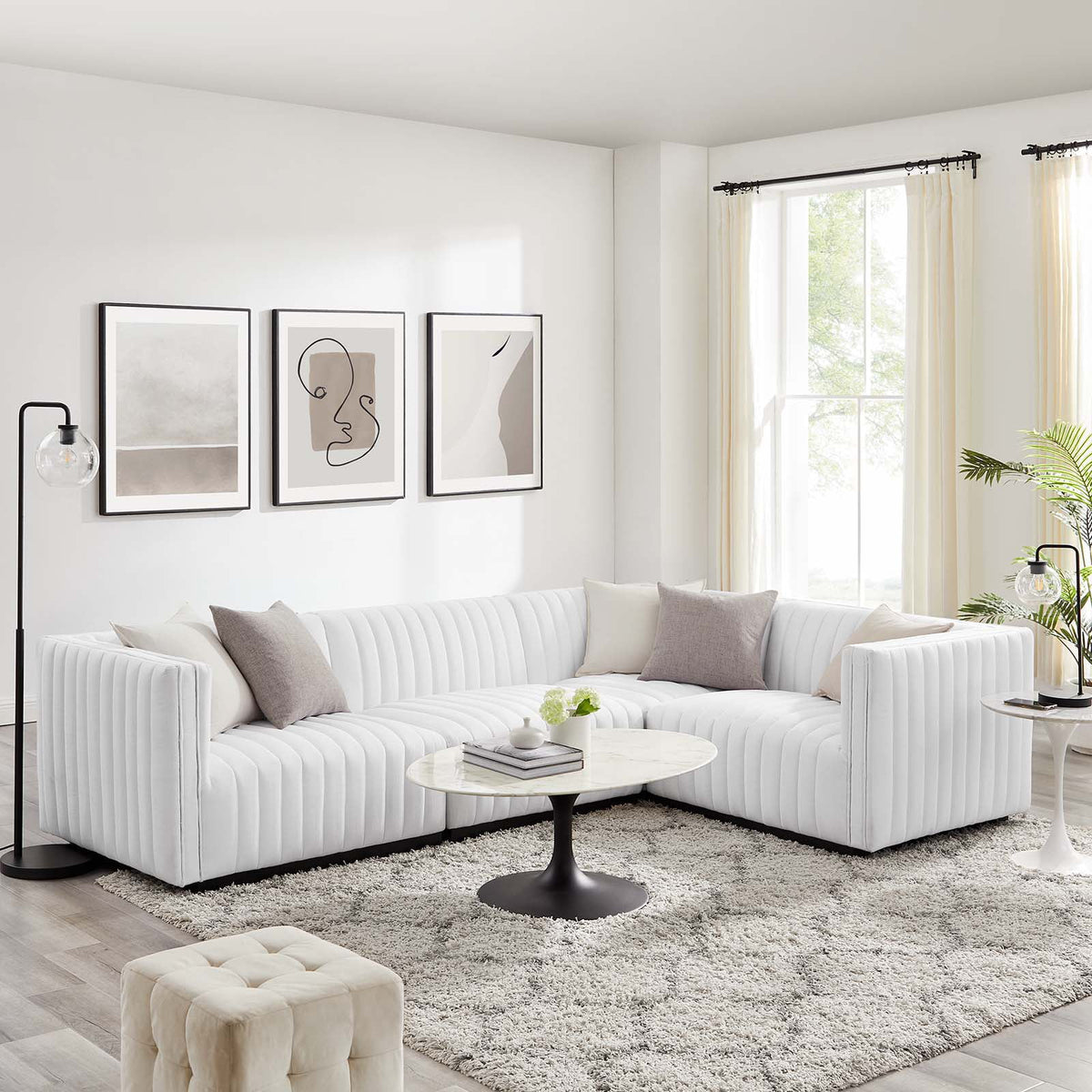 4-Piece L-Shaped Channel Tufted Fabric Sectional T486
