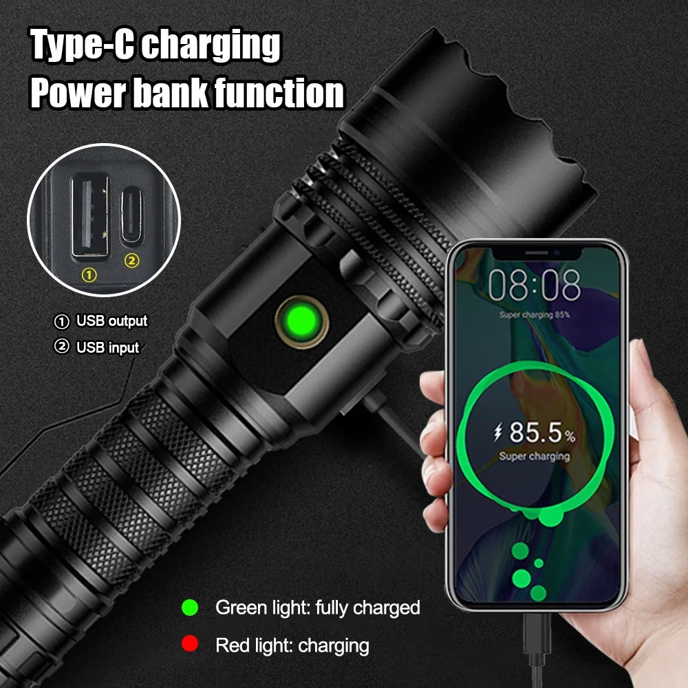 Rechargeable LED Flashlight 12000 Lumens Zoomable Handheld Spotlight with Lanyard and Hooks S270
