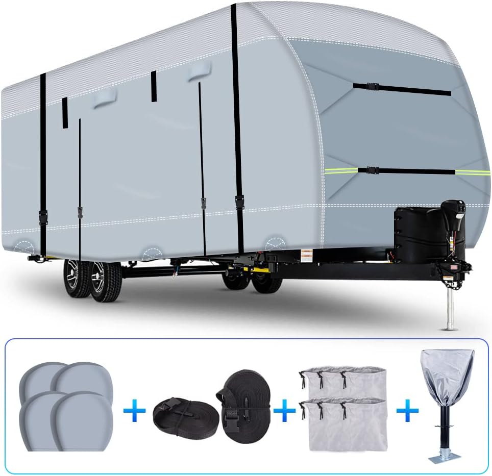 600D Ripstop RV Cover with 4 Tire Covers & Tongue Jack Cover & 6 Gutter Cover O734496