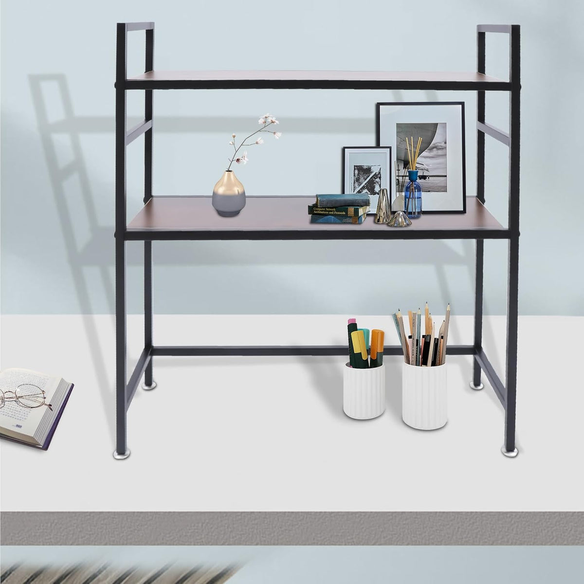2-Tier Wood Desk Hutch Q9042