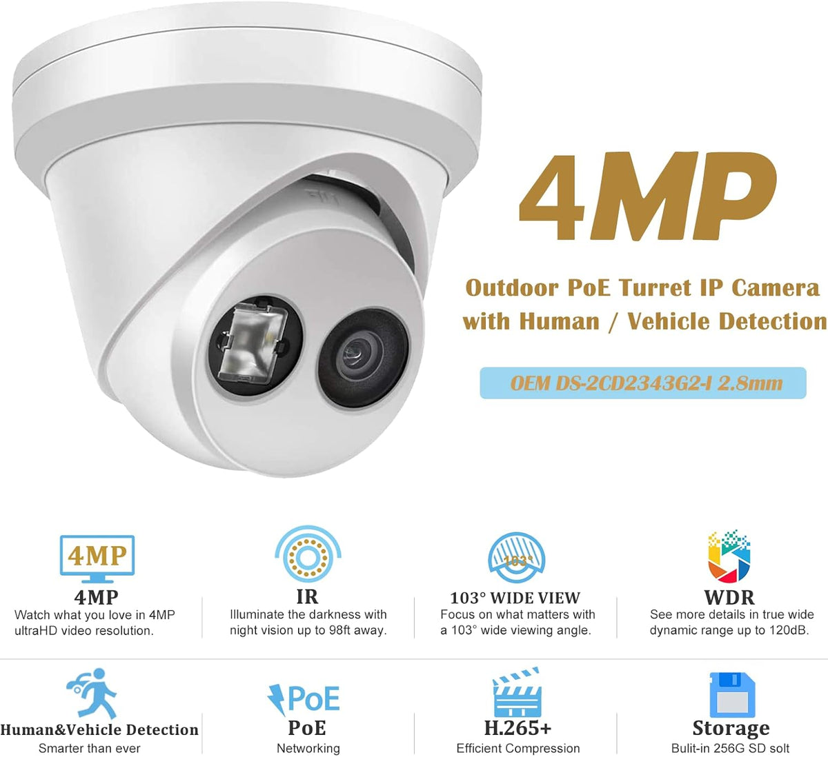 4MP PoE Outdoor Turret IP Camera with 98ft Night Vision, IP67 Waterproof, 256GB Micro SD Storage D29689
