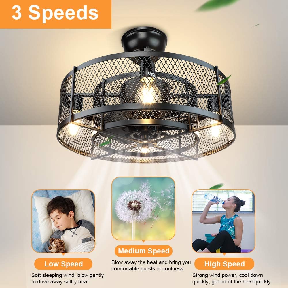20In Caged Ceiling Fan with Light, 3 Speeds, Remote, Black D270