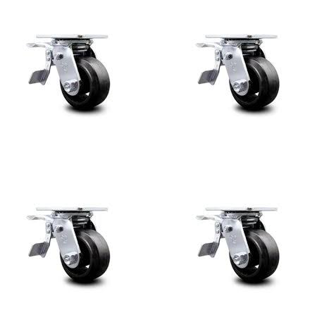 4 inch Rubber on Steel Caster Set with Ball Bearing and Total Lock Brake T660
