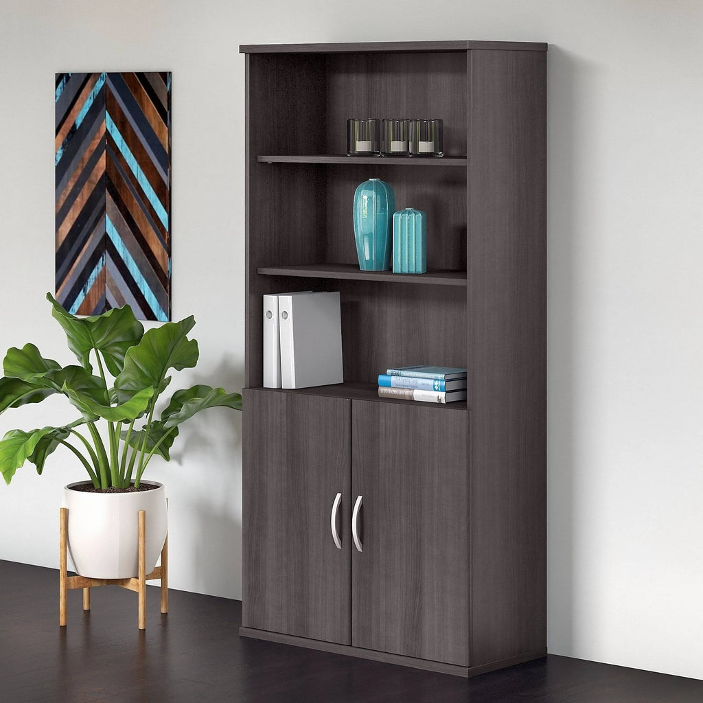 Bookcase with 5 Shelves and 2 Doors, Wood Composite, Storm Gray Y594282