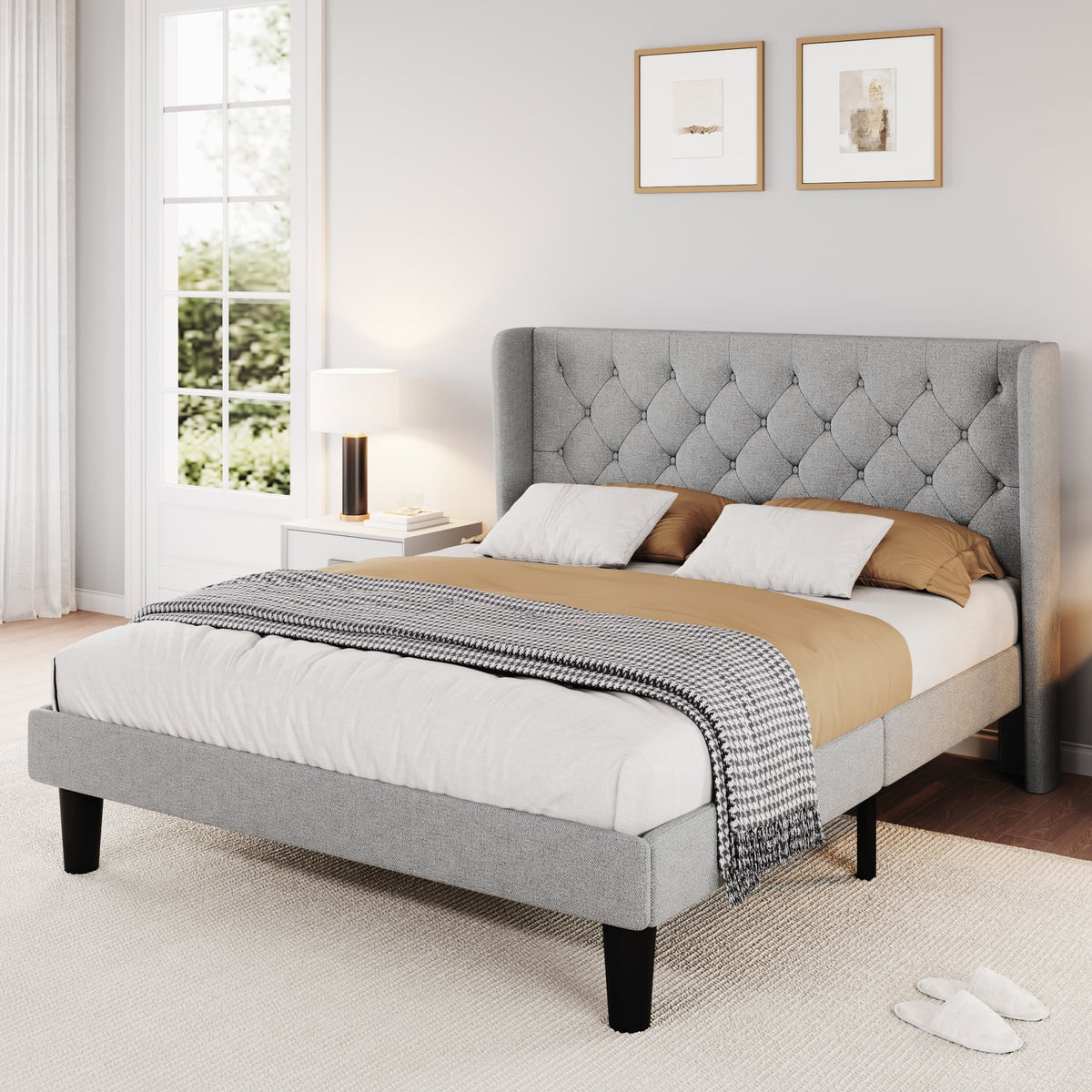 Queen Size Dark Grey Upholstered Platform Bed Frame R2078