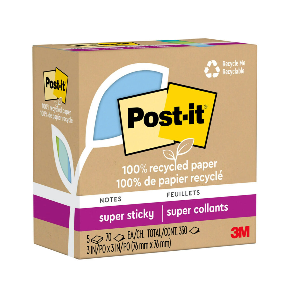 100% Recycled Paper Super Sticky Notes, 5 Pads M862133