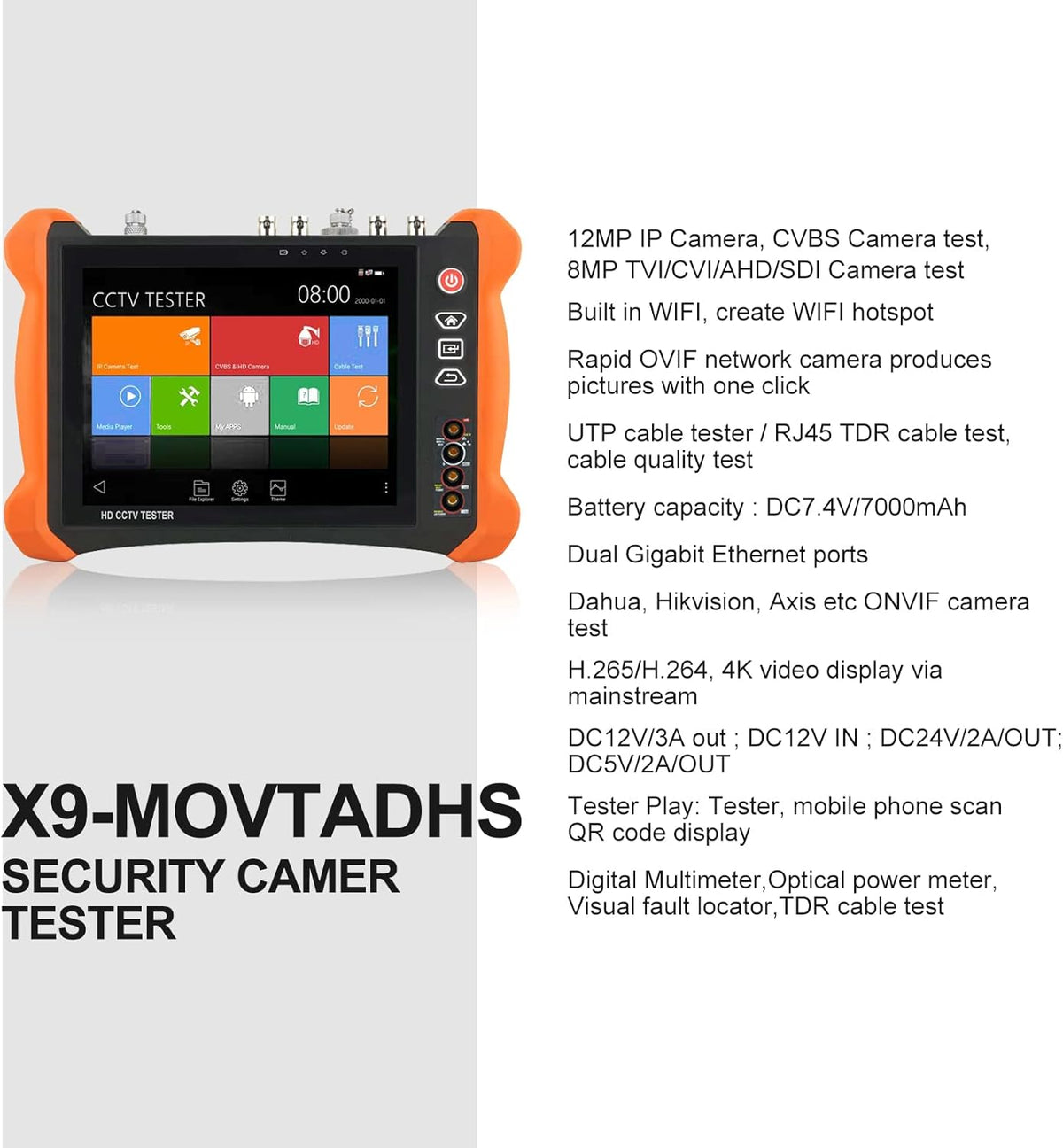 4K CCTV Camera Tester 8-inch IPS Touch Screen Monitor with HDTVI HDCVI AHD SDI IP Camera Support POE WiFi H.265 HDMI I17581