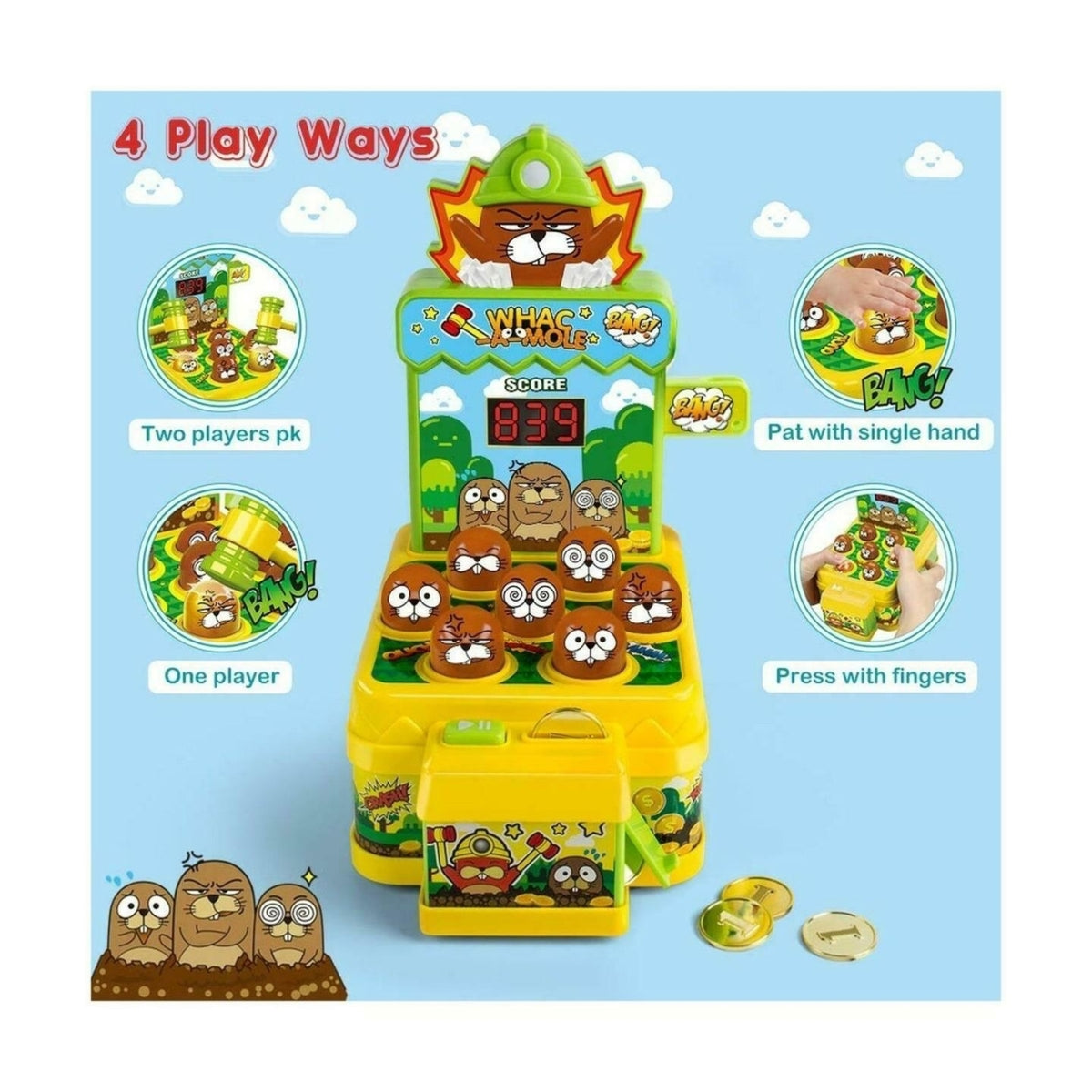 Whac-A-Mole Game, Mini Electronic Arcade Game with 2 Hammers N73870