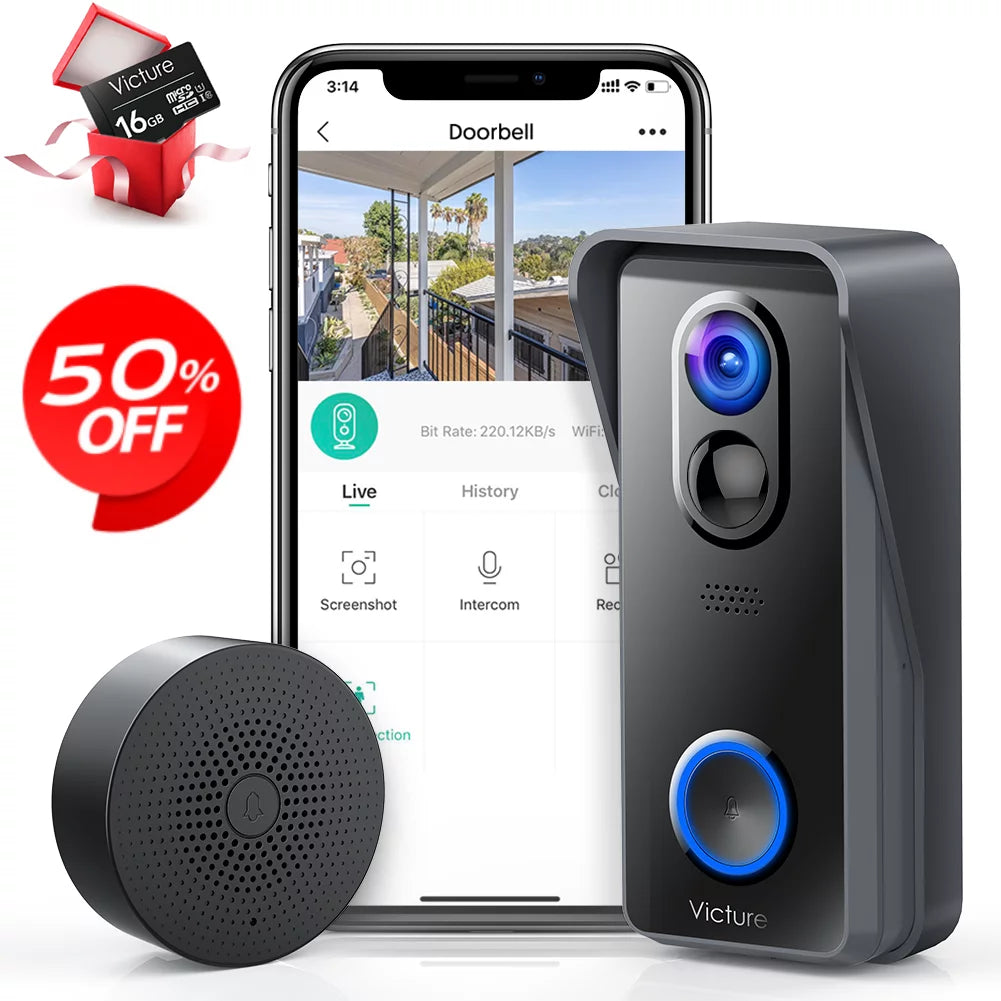 Wireless Video Doorbell Camera 1080P WiFi with Chime and Batteries Black V620851