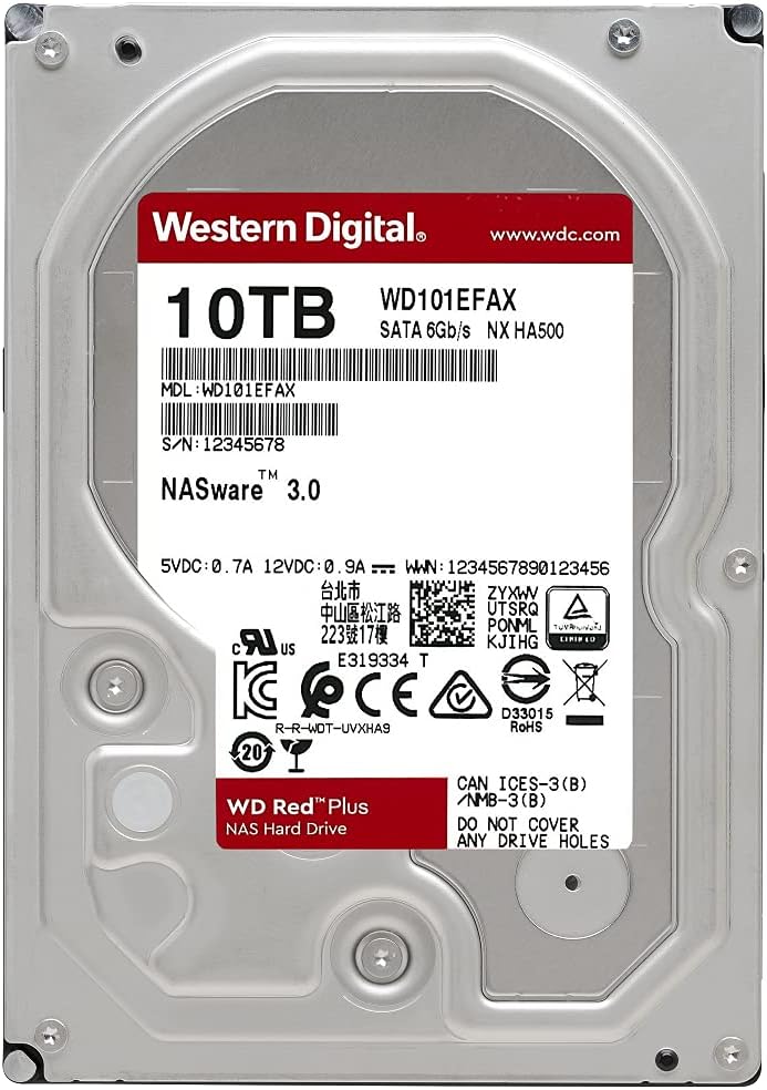 10TB WD Red Plus NAS Internal Hard Drive HDD - 5400 RPM, SATA 6 Gb/s, CMR, 256 MB Cache, 3.5 B3439