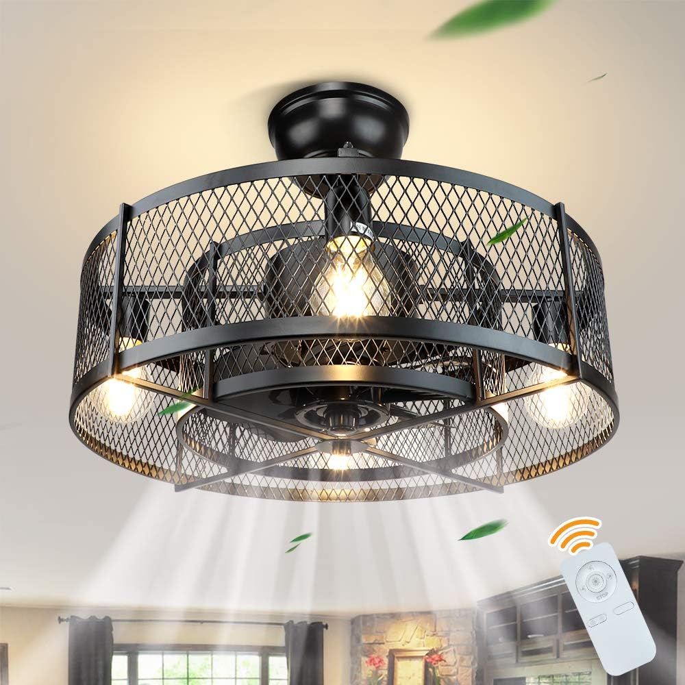 20In Caged Ceiling Fan with Light, 3 Speeds, Remote, Black D270