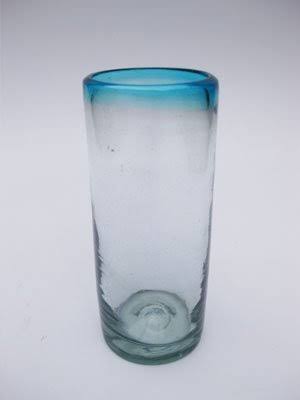 Mexican Blown Glass Highball Glasses Aqua Blue Rim Set of 6 P20982