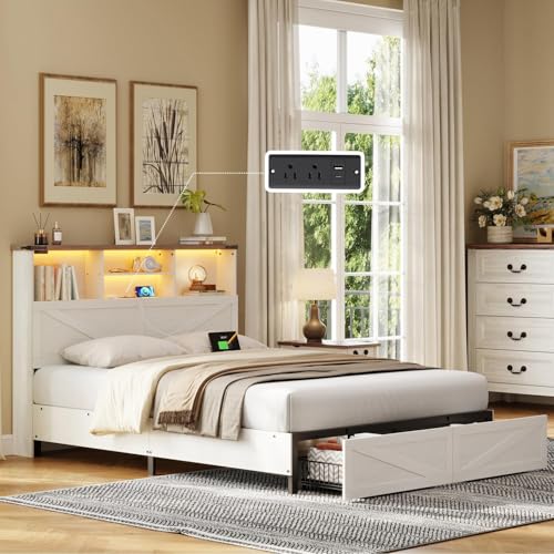 White Full Size Bed Frame with Bookshelf Headboard and Storage Drawers H460968