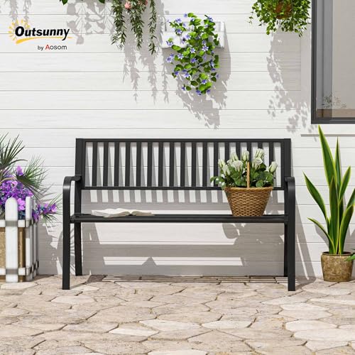 50" Black Metal Outdoor Garden Bench with Slatted Seat Y811