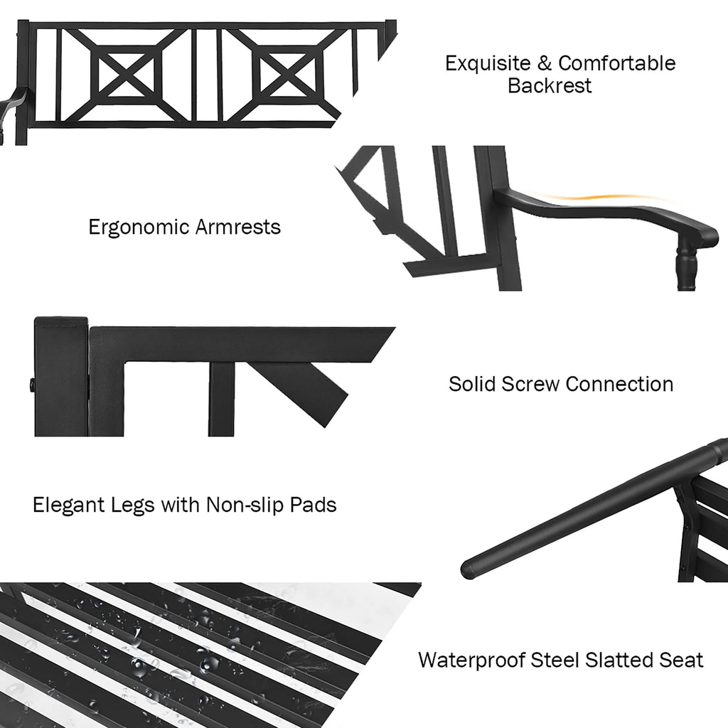 Black Steel Frame Patio Garden Bench N959876