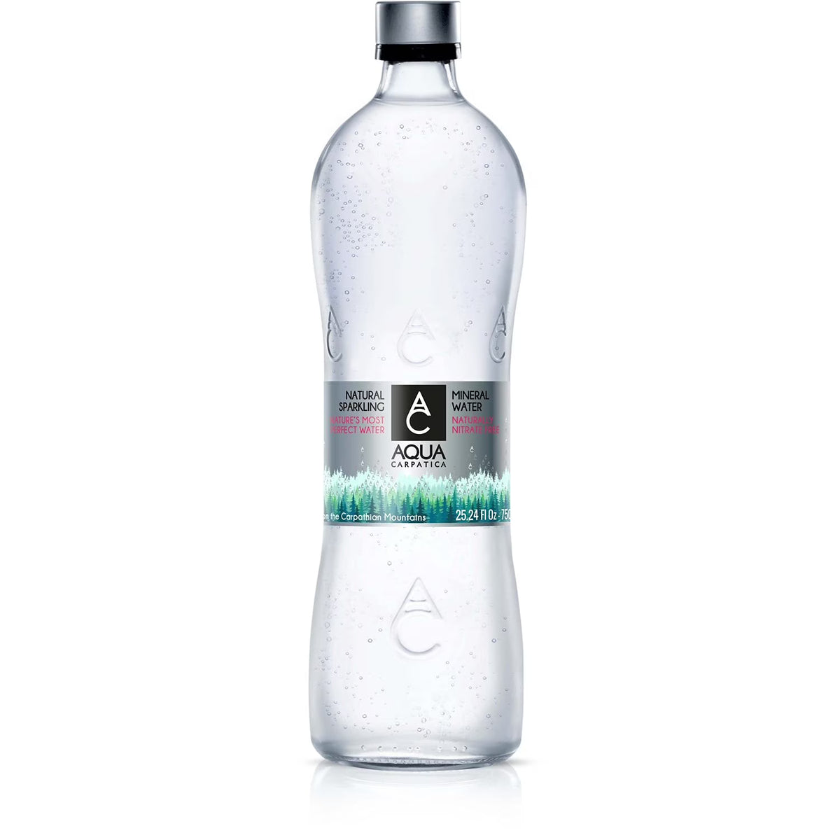 750 ml / 25.36 oz. (12 Pack) Natural Sparkling Mineral Spring Water in Glass Bottles A726