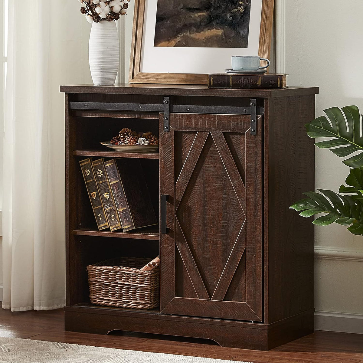 Rustic Brown Farmhouse Buffet Sideboard with Sliding Barn Door N655
