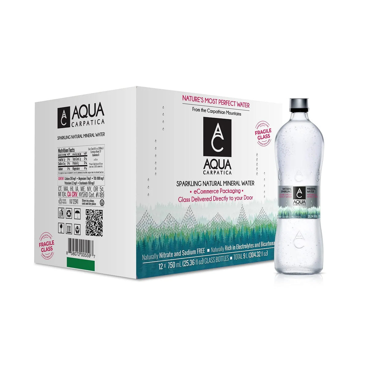 750 ml / 25.36 oz. (12 Pack) Natural Sparkling Mineral Spring Water in Glass Bottles A726