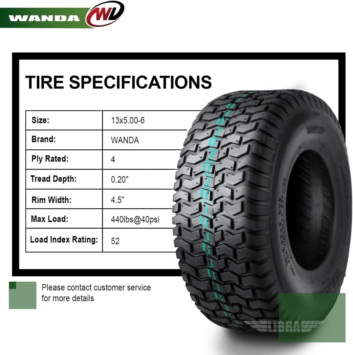 Set 2 13x5.00-6 Lawn Mower Utility Cart Turf Tires 4 ply Pack of 2 U729