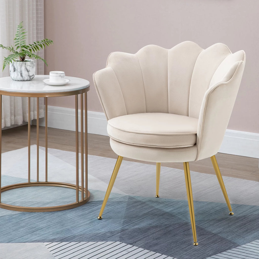 White Velvet Upholstered Arm Chair with Golden Metal Legs, Set of 2 B382082